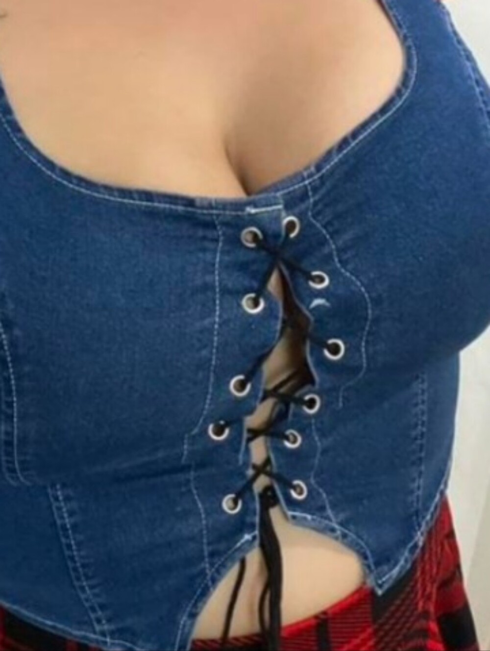NWT SHEIN Lace-Up Front Blue Denim Corset Style Cropped Tank Top - 1XL